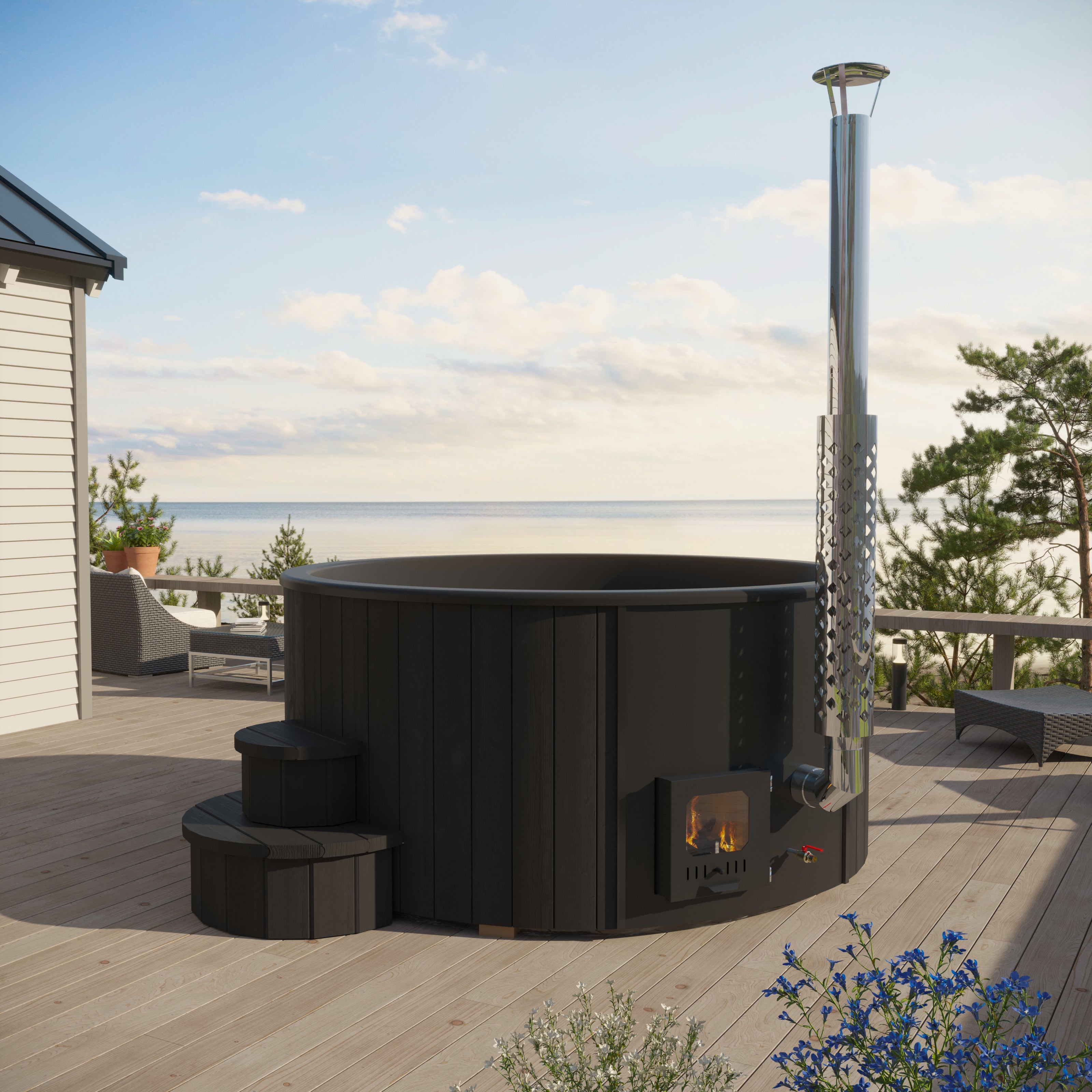 SaunaLife Model S4B – 6‑Person Wood‑Burning Hot Tub, Black Thermo‑Spruce