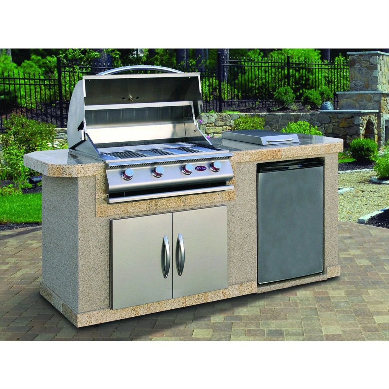 Cal Flame Pacifica Q701 Outdoor Kitchen Island – Premium Stainless Steel BBQ Island with Side Burner and Refrigerator-Cal Flame-InHouse Wellness