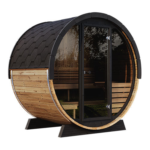 SaunaLife Ergo Elegance Outdoor Sauna Barrel with Full Glass Front – Seats 4