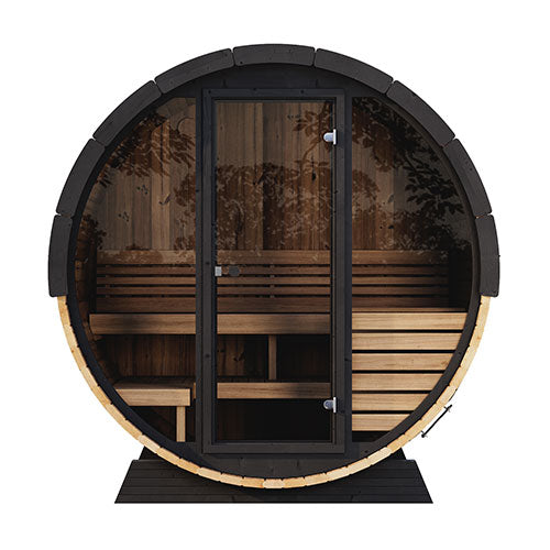SaunaLife Ergo Elegance Outdoor Sauna Barrel with Full Glass Front – Seats 4