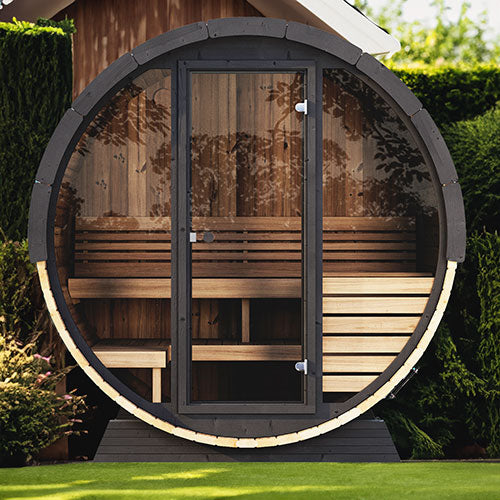 SaunaLife Ergo Elegance Outdoor Sauna Barrel with Full Glass Front – Seats 4