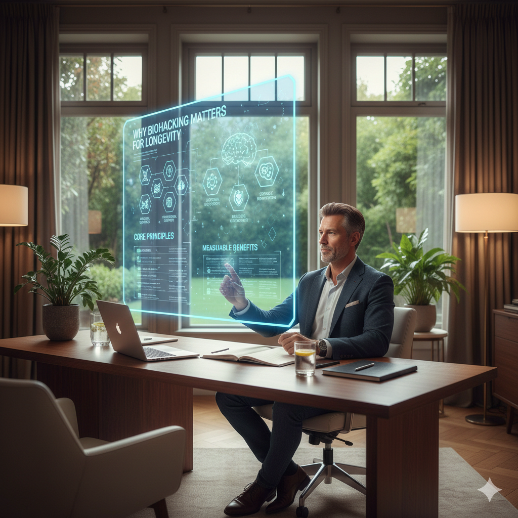Man analyzing longevity and biohacking data on a futuristic holographic computer screen.