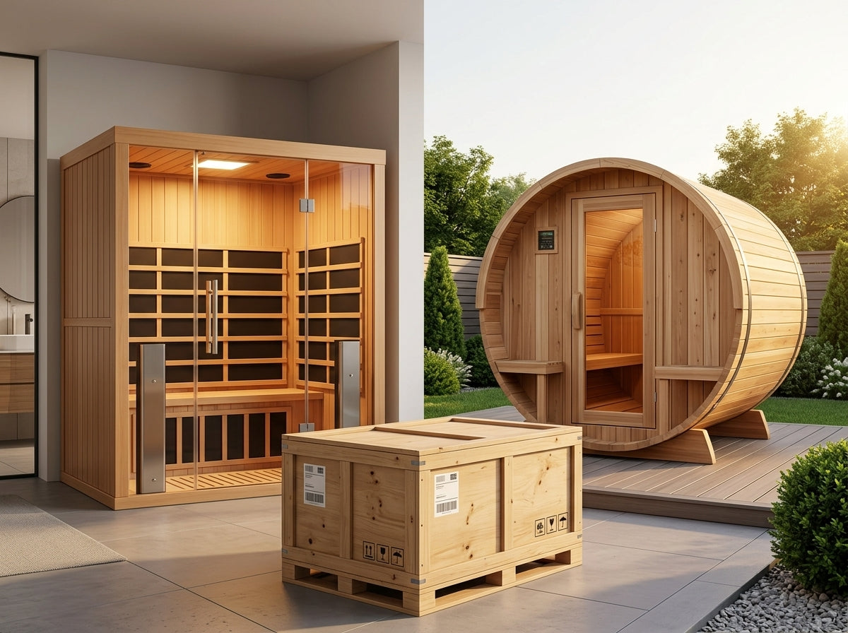 infrared sauna next to barrel outdoor sauna