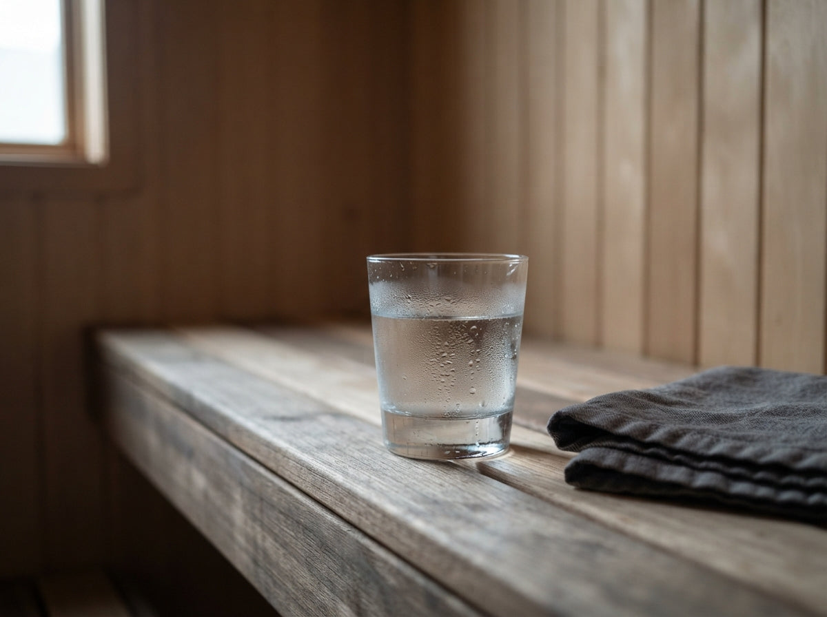 Glass of water with condensation and a folded linen towel on a cedar sauna bench