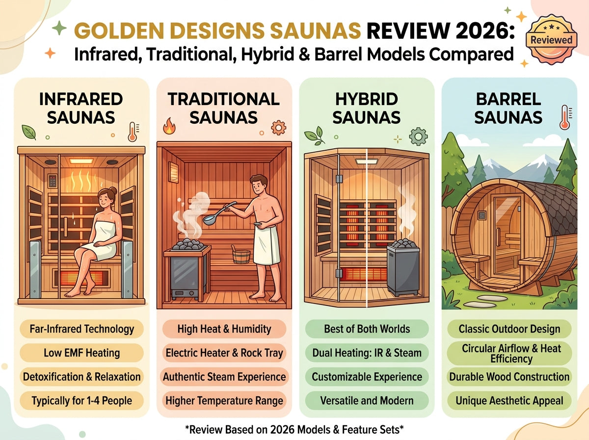 Golden Designs Saunas Review: Infrared, Traditional, Hybrid &amp; Barrel Models Compared