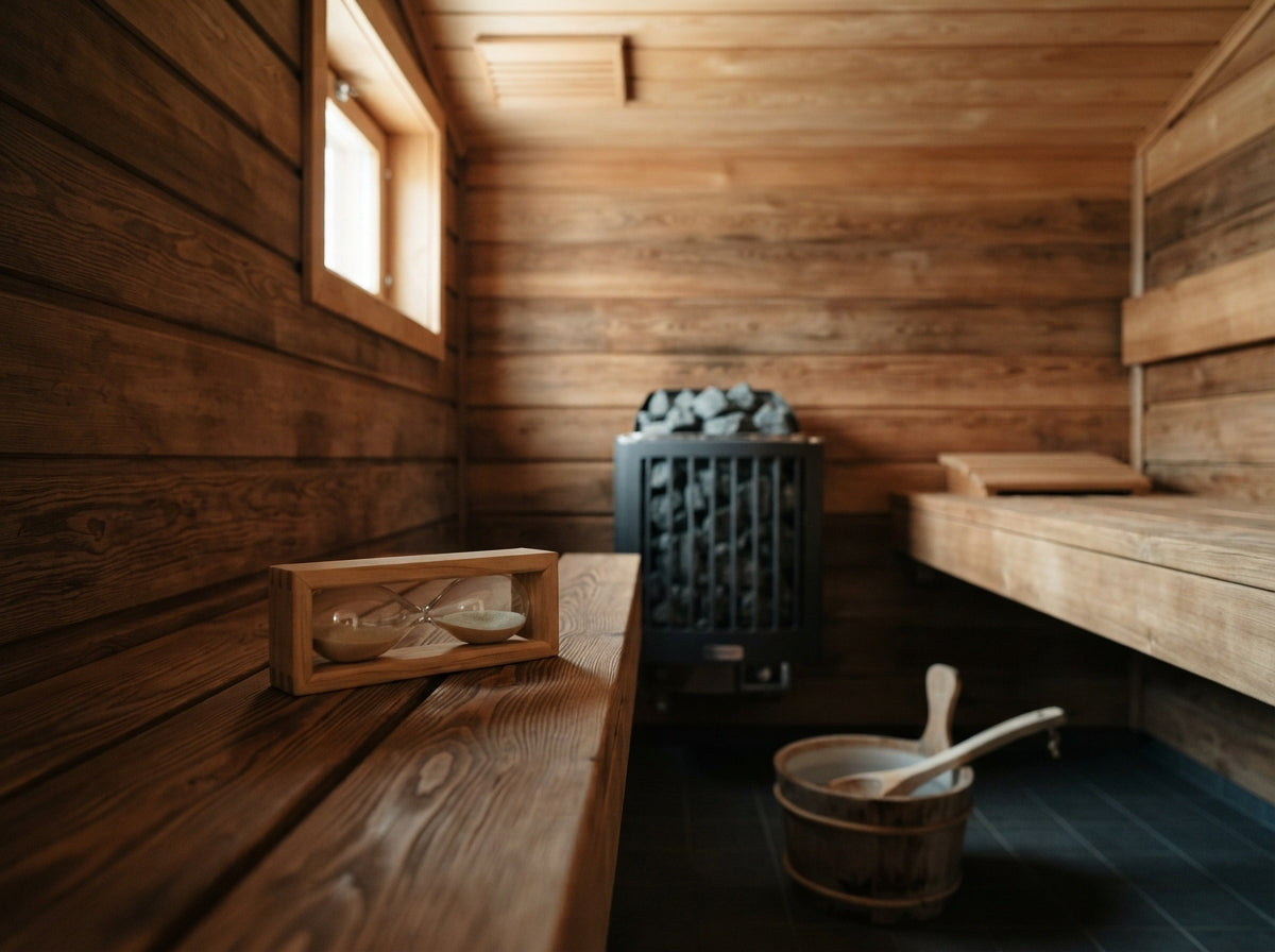 Wooden sand timer on the cedar bench of a home sauna, with a stone-filled heater behind it