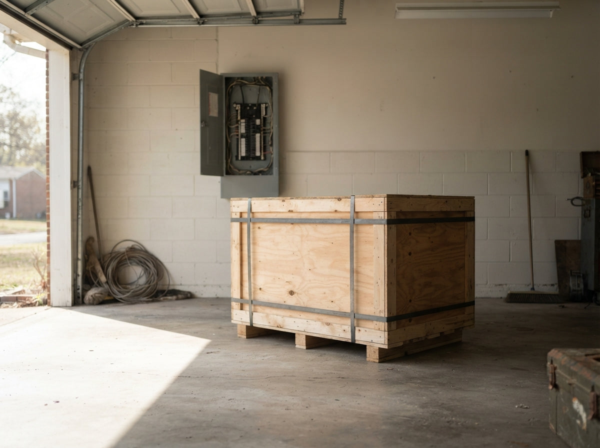 Crated sauna on a garage floor with an open electrical panel on the wall behind it