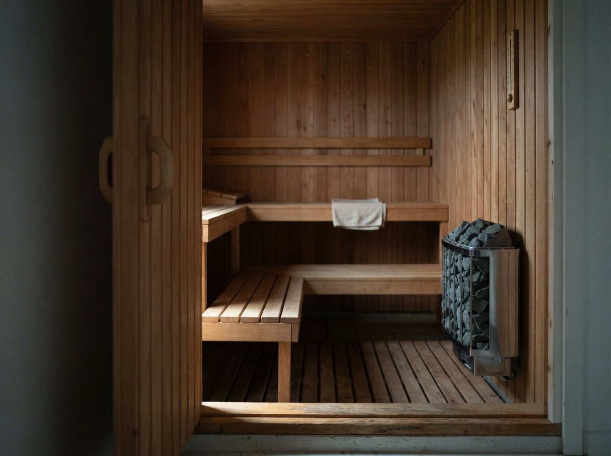 Empty traditional cedar sauna seen from the doorway, daylight falling across the threshold
