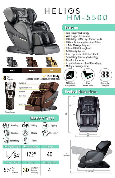 Helios HM5500 Massage Chair – 3‑Position Zero Gravity, Infrared Heat