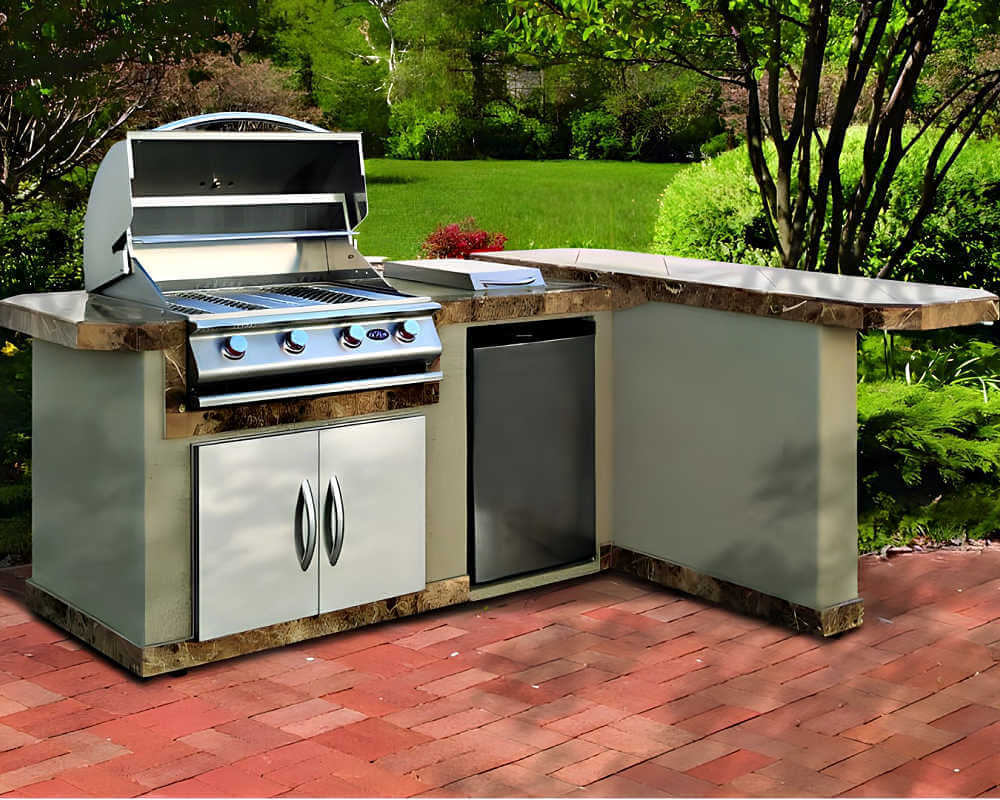 Cal Flame BBK-830 Outdoor Kitchen Island with Extended Bar – Premium Stainless Steel BBQ Island with Side Burner and Refrigerator