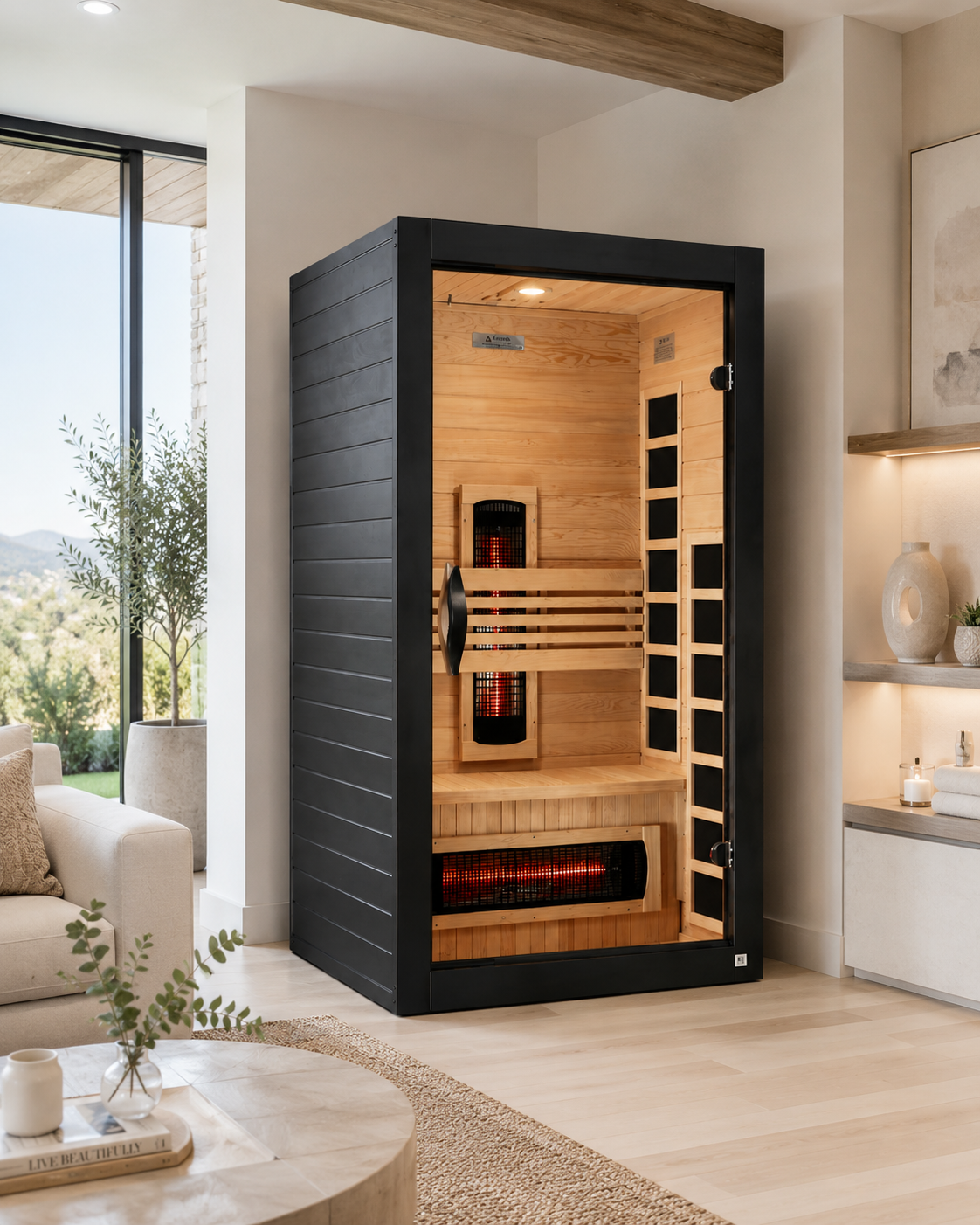 Dynamic Saunas Santorini 1–2 Person Full Spectrum Near Zero EMF Infrared Sauna Canadian Hemlock DYN-6009-03 FS