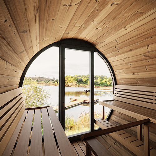 SaunaLife Ergo Elegance Series | Glass Front | 79"L x 91"D | 6-Person Outdoor Sauna