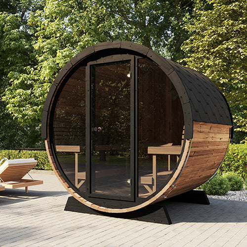 SaunaLife Ergo Elegance Series | Glass Front | 79"L x 91"D | 6-Person Outdoor Sauna