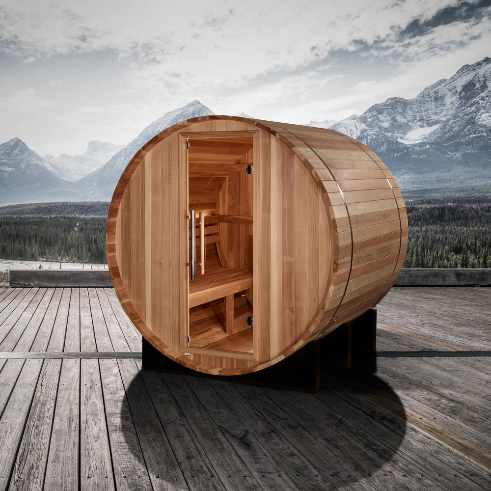 Golden Designs "St. Moritz" 2-Person Barrel Hybrid Sauna – Premium Pacific Cedar Wood, Efficient Heating, and Traditional Steam Experience