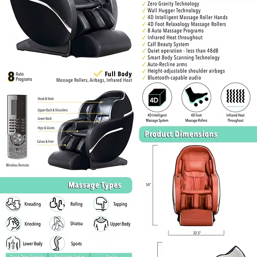 Helios HM8000 4D Full-Body Massage Chair with Zero Gravity & Infrared Heat