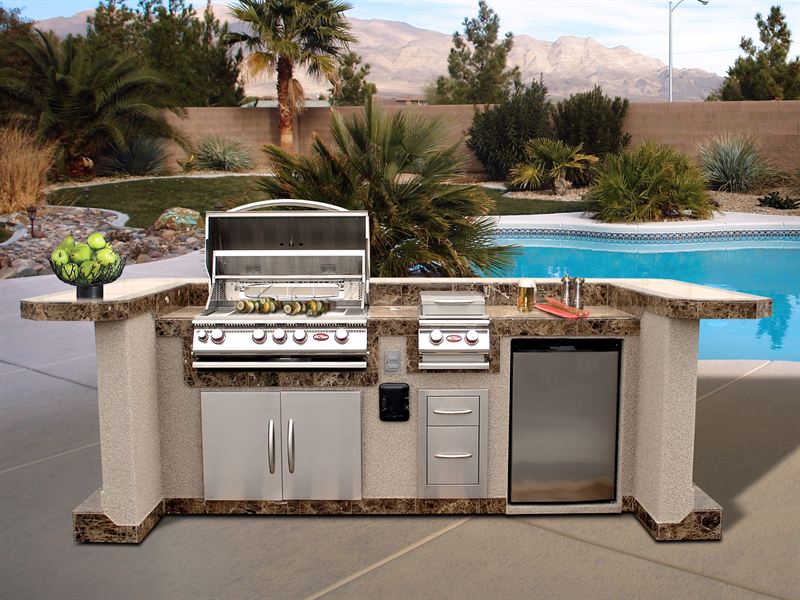 Cal Flame La Jolla Q PV7000 Outdoor Kitchen Island – Premium Stainless Steel BBQ Island with Side Burner and Refrigerator