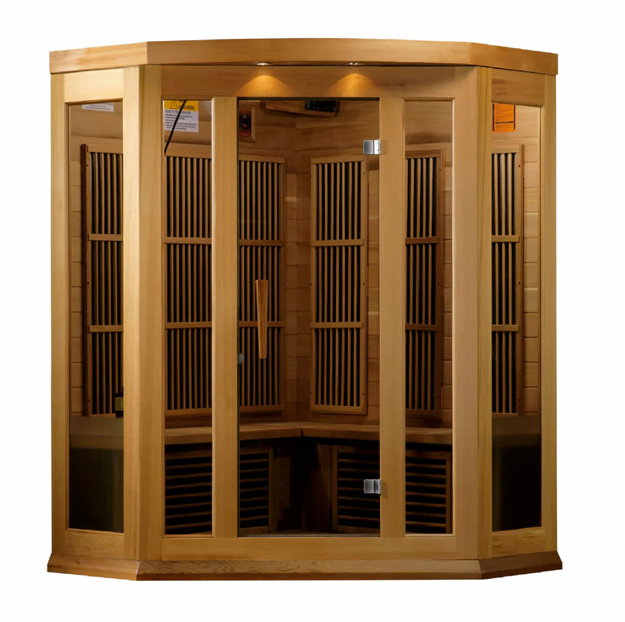 Maxxus 3-Person Corner Near Zero EMF FAR Infrared Sauna – Canadian Hemlock