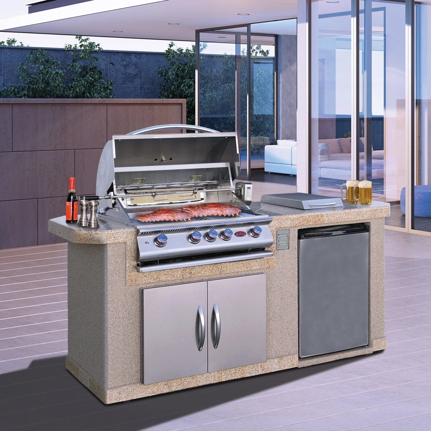 Cal Flame Pacifica Q701 Outdoor Kitchen Island – Premium Stainless Steel BBQ Island with Side Burner and Refrigerator