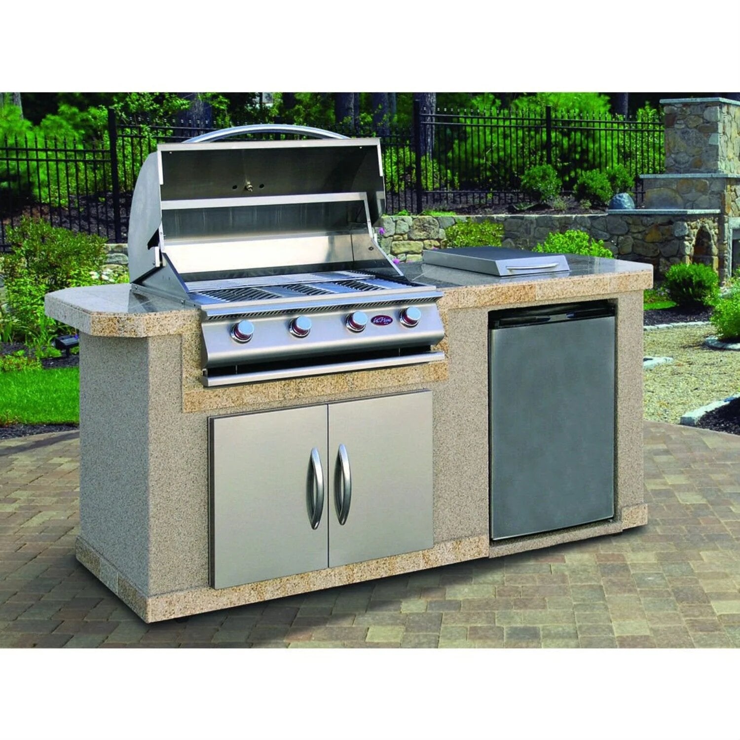 Cal Flame Pacifica Q701 Outdoor Kitchen Island – Premium Stainless Steel BBQ Island with Side Burner and Refrigerator