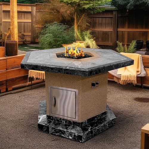 Cal Flame Hexagon Fire Pit Table – Elevated 45" Bar-Height Design with Porcelain Tile Top and Ameristone Stucco Base for Durable Outdoor Entertainment-Cal Flame-InHouse Wellness