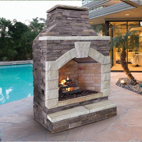 Cal Flame Outdoor Fireplace – Stylish Propane/Gas Fire Feature with Porcelain Tile Top and Ameristone Stucco Base for Durable Outdoor Entertainment (FRP909-2)