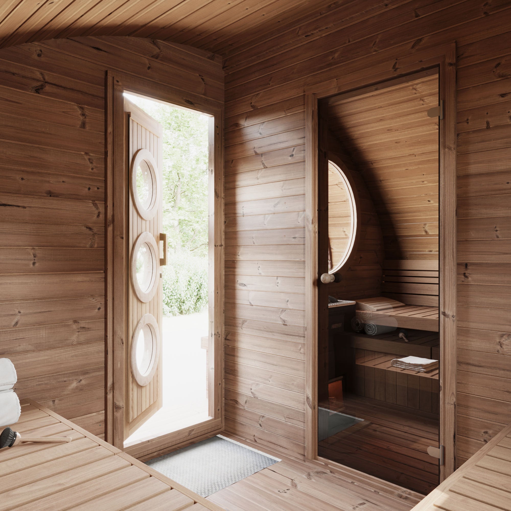 SaunaLife Model G11 Garden-Series Outdoor Home Sauna – 2-Room Layout for Up to 8 People