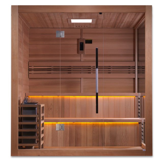 Golden Designs Kaarina 6-Person Outdoor Traditional Sauna - Canadian Red Cedar Interior-Golden Designs Inc-InHouse Wellness