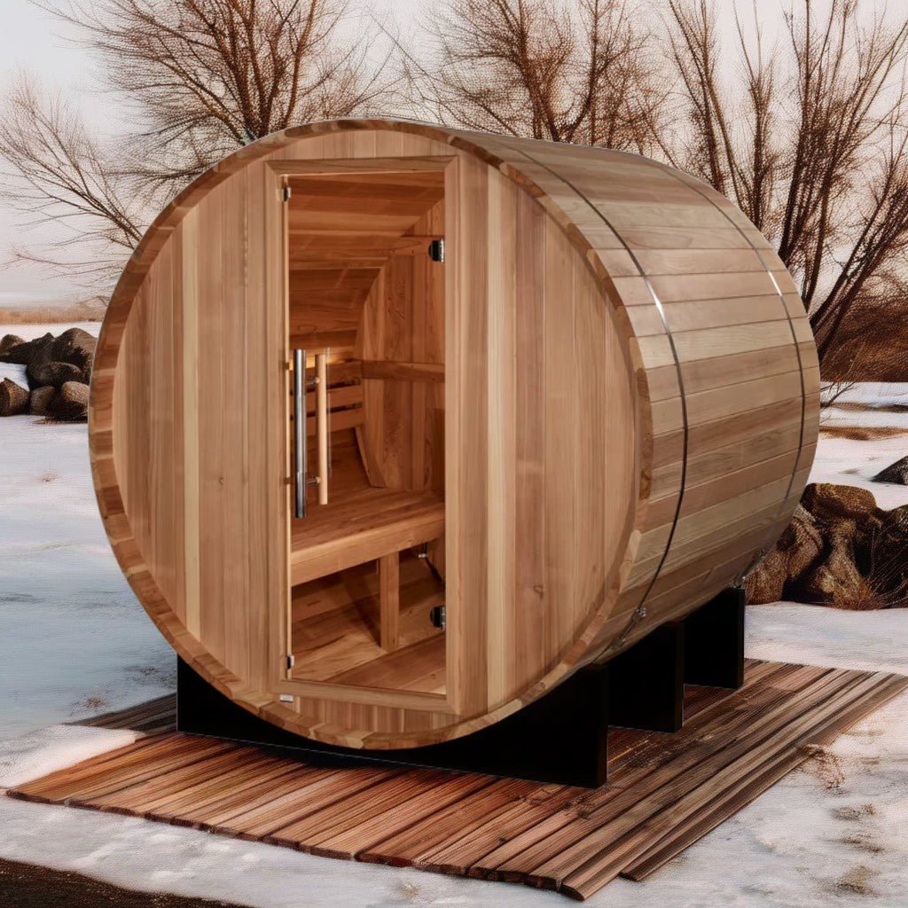 Golden Designs "St. Moritz" 2-Person Barrel Hybrid Sauna – Premium Pacific Cedar Wood, Efficient Heating, and Traditional Steam Experience-Golden Designs Inc-InHouse Wellness