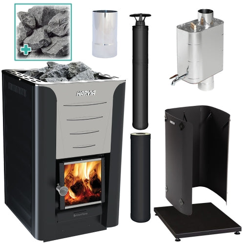 Harvia Pro 20 BK WH Sauna Stove Package – 24kW Wood-Burning Stove with Chimney, Water Heater & Stones