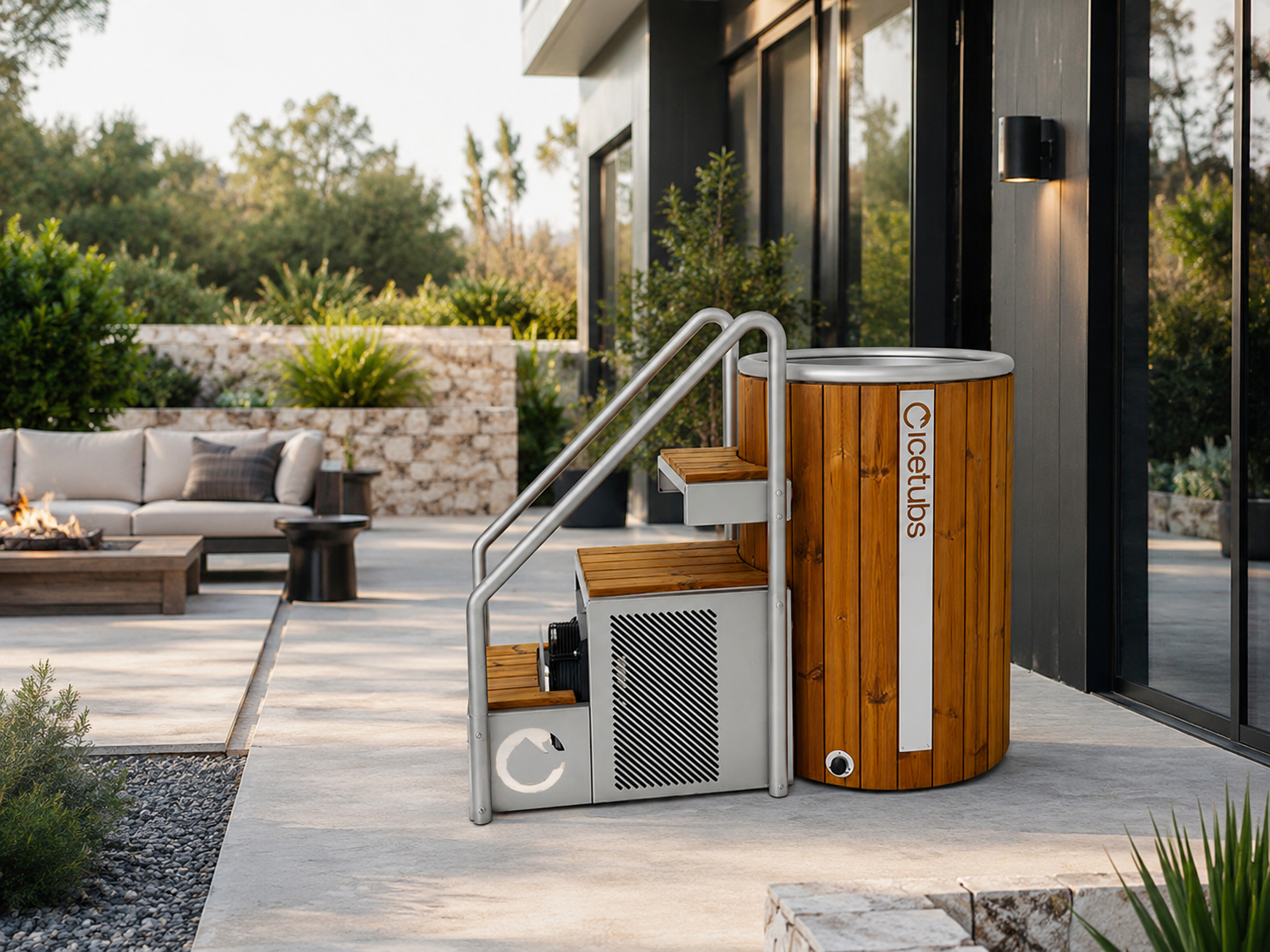 Icetubs IceBarrel 2.18 kW Thermowood Stainless Cold Plunge 53 in with Stairs