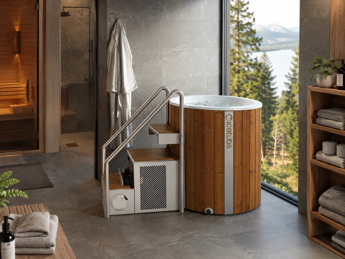 Icetubs IceBarrel XL 2.18 kW Thermowood Fiberglass Cold Plunge with Stairs