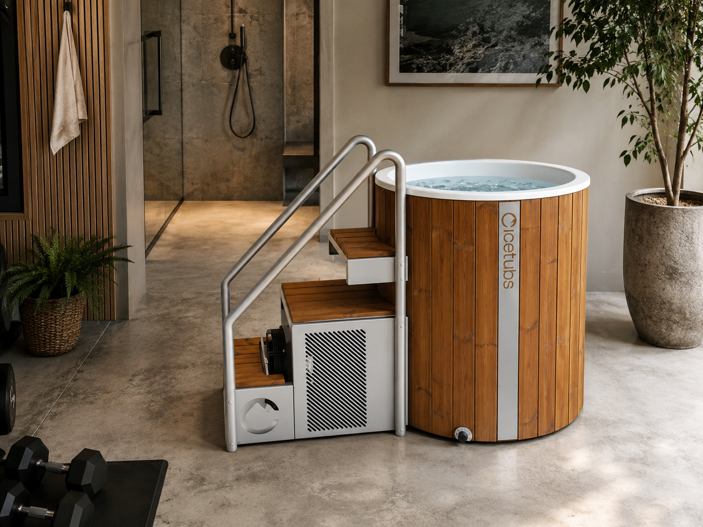 Icetubs IceBarrel XL 2.18 kW Thermowood Fiberglass Cold Plunge with Stairs