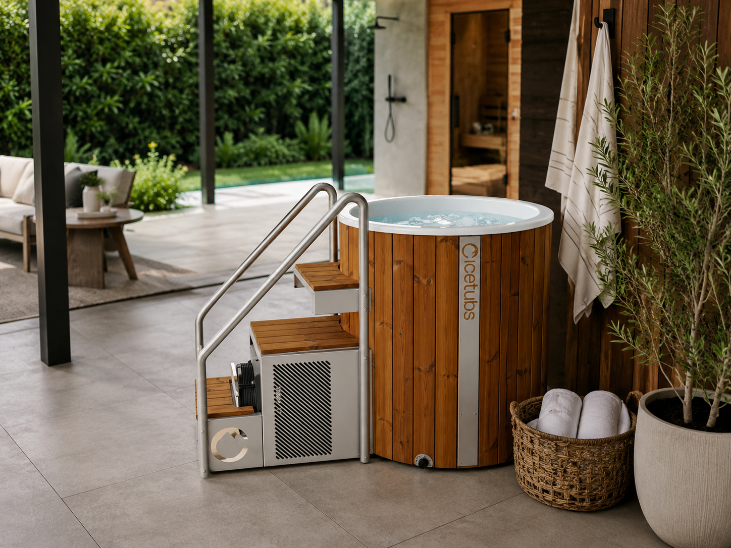 Icetubs IceBarrel XL 2.18 kW Thermowood Fiberglass Cold Plunge with Stairs