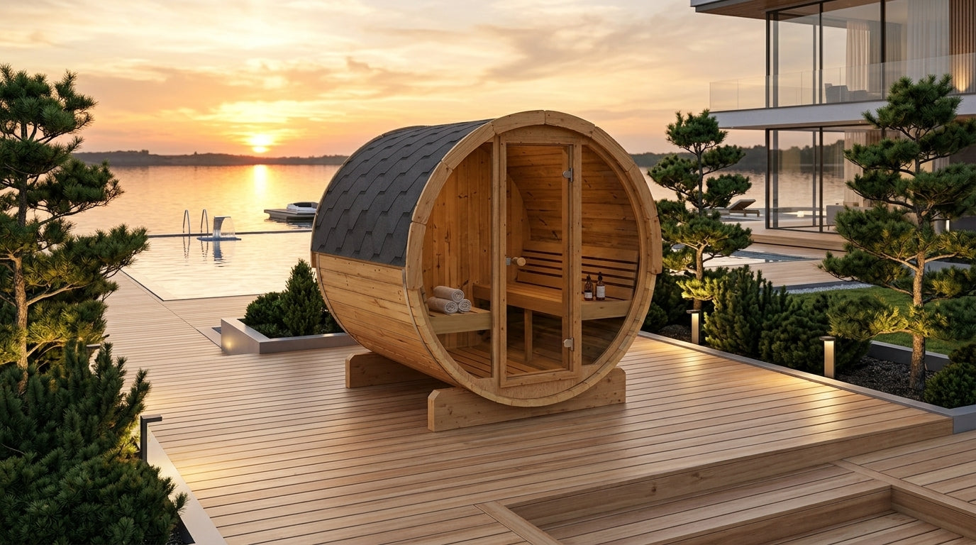 SaunaLife Model E8G Outdoor Barrel Sauna with Glass Front