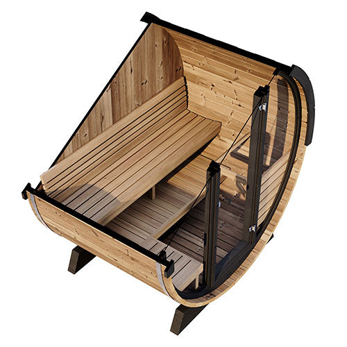 SaunaLife Ergo Elegance Outdoor Sauna Barrel with Full Glass Front – Seats 4