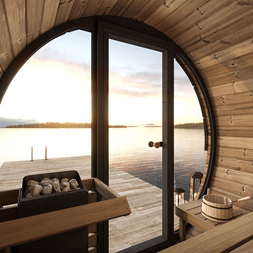 SaunaLife Ergo Elegance Outdoor Sauna Barrel with Full Glass Front – Seats 4
