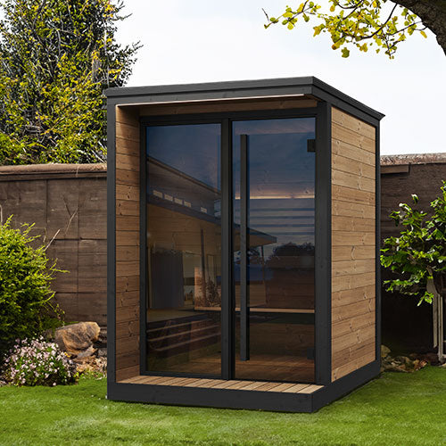 SaunaLife Model GL4 Outdoor Sauna Kit with Thermo-Spruce Walls, Bronze Tempered Glass Front & Wi-Fi LED Lighting