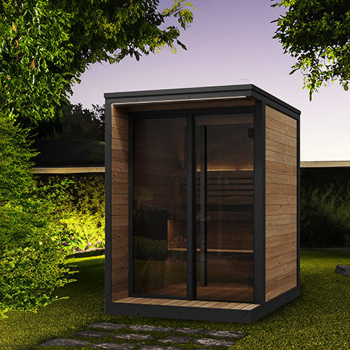 SaunaLife Model GL4 Outdoor Sauna Kit with Thermo-Spruce Walls, Bronze Tempered Glass Front & Wi-Fi LED Lighting