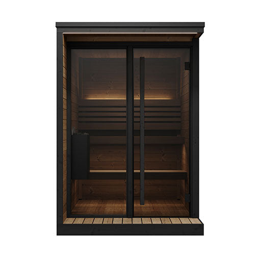 SaunaLife Model GL4 Outdoor Sauna Kit with Thermo-Spruce Walls, Bronze Tempered Glass Front & Wi-Fi LED Lighting