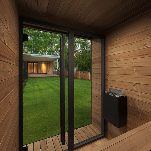 SaunaLife Model GL4 Outdoor Sauna Kit with Thermo-Spruce Walls, Bronze Tempered Glass Front & Wi-Fi LED Lighting