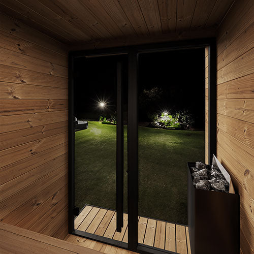 SaunaLife Model GL4 Outdoor Sauna Kit with Thermo-Spruce Walls, Bronze Tempered Glass Front & Wi-Fi LED Lighting