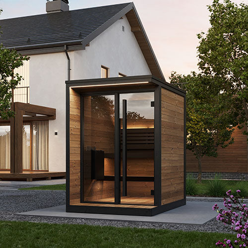 SaunaLife Model GL4 Outdoor Sauna Kit with Thermo-Spruce Walls, Bronze Tempered Glass Front & Wi-Fi LED Lighting