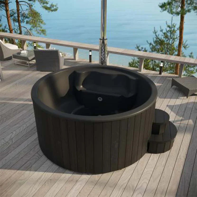 SaunaLife Model S4B – 6‑Person Wood‑Burning Hot Tub, Black Thermo‑Spruce